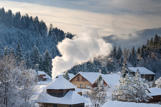 Ein eingeschneites Dorf und vom heizen qualmt der Schornstein