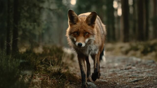 A red fox walking on a forest path towards the camera with trees in the background