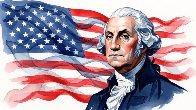 George Washington in colonial attire stands before a watercolor American flag.