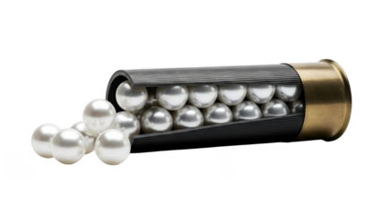 Surreal high-resolution PNG illustration of a shotgun shell cross-section revealing numerous lustrous white pearls inside instead of shot. Isolated object with transparent background — perfect for con