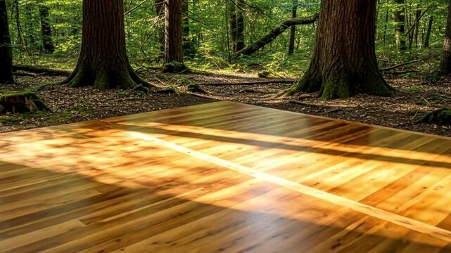 A pristine, glossy wooden platform stands thoughtfully placed amidst a lush, verdant forest, bathed in warm, dappled sunlight filtering through the dense canopy. The rich, varied tones of the polished