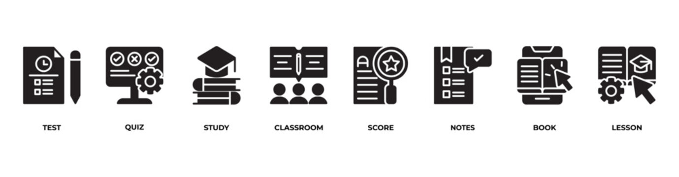 Academic Pathway Icons set vector illustration glyph with Test, Quiz, Study, Classroom, Score, Notes, Book, Lesson
