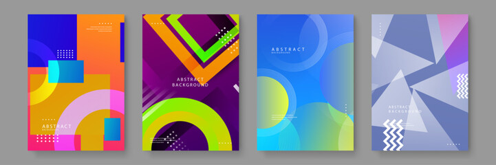 Collection of futuristic cover designs using neon green and deep blue gradients with layered geometric patterns and sharp edges