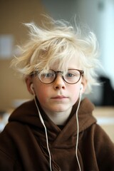 a 5 year old blond boy with glasses, wearing a brown hoodie and white earphones, is in an office setting. his hair is messy