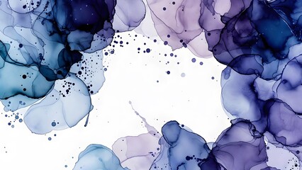 An elegant abstract background showcases artistic alcohol ink art with swirling blue and purple organic shapes, forming a beautiful frame around a clean white central space.