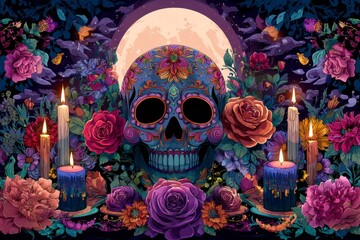 a colorful sugar skull surrounded by flowers and candles, with a glowing moon in the night sky, detailed and features vibrant colors.