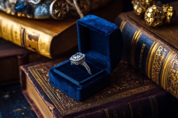a luxurious blue velvet box containing an engagement ring with intricate diamond details, placed on top of vintage books and gold accents, showcasing the grandeur of luxury jewelry packaging.