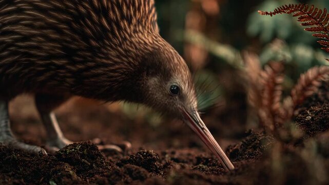 A kiwi bird snuffling through the dirt with its long beak outdoors