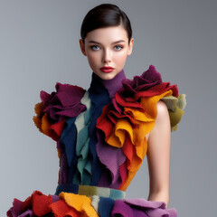 High fashion portrait with dramatic colorful floral collar studio lighting