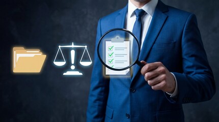 Businessman examining document with magnifying glass in formal blue suit with digital icons for law and justice in soft blue lighting for corporate use