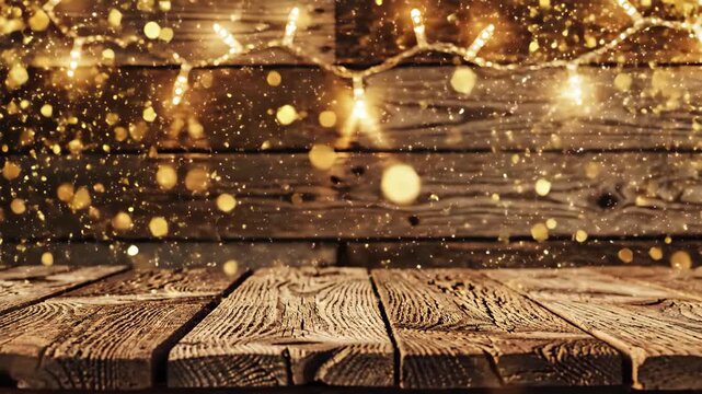 Rustic wooden table with hanging warm bokeh string lights background