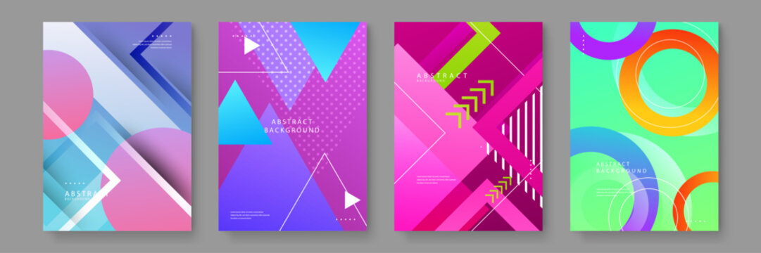 A collection of four vibrant abstract posters featuring bold geometric shapes like circles and triangles with modern gradients and linear patterns