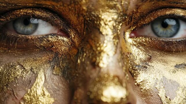 A woman with gold paint artistically applied to her face, showcasing a striking and creative look.