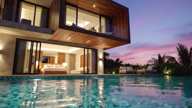 Luxury modern villa with infinity pool at sunset