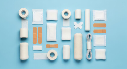 A collection of various medical supplies and bandages arranged on a blue background