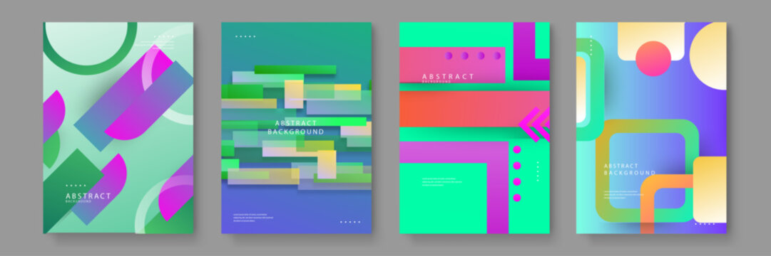 Set of abstract posters with high contrast neon colors including green pink and blue with layered geometric bars and rectangles for futuristic technology event covers