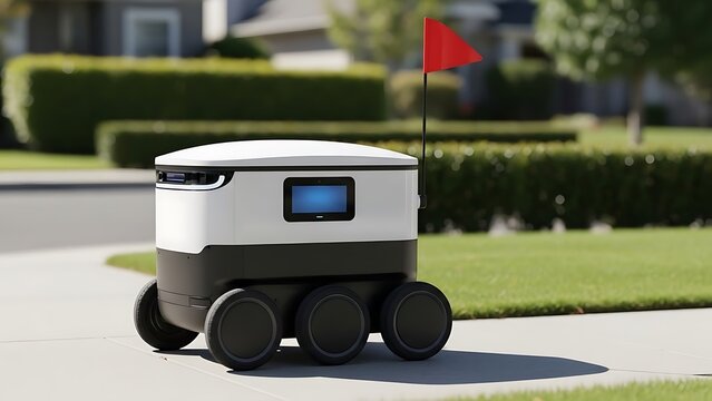 Autonomous Delivery Robot on Residential Street with Red Flag