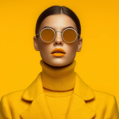 Fashion beauty portrait with round sunglasses on bright yellow background