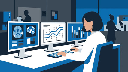 Obraz premium Data analyst working with multiple computer monitors in a tech office