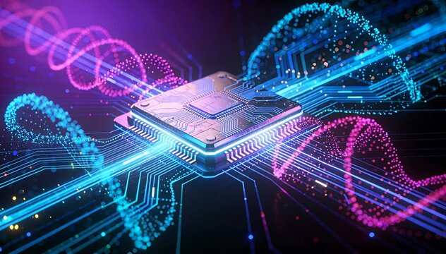 Digital abstract future technology data flow processing chip, circuit, futuristic tech chip, processor.