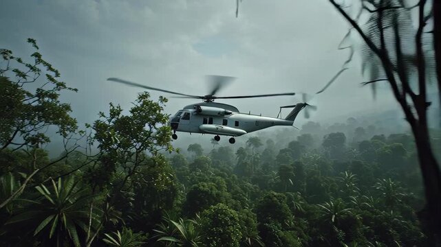 Combat Helicopter Flying Low Over Dense Jungle &mdash; Tactical Military Operation