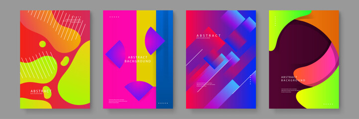 Dynamic poster design set with a mix of geometric blocks and fluid liquid shapes in high contrast neon colors