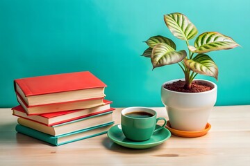 Minimalist workspace with coffee cup, books, and calathea plant on wooden desk against teal background