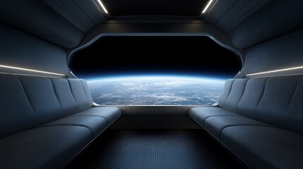 Fototapeta premium Futuristic Space Tourism Interior with Earth View Through Large Window and Luxury Design 