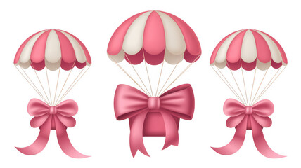 Obraz premium Pink and white parachutes with bows ribbon isolated on a transparent background
