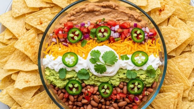 Seven-layer dip with refried beans, guacamole, sour cream, cheese, and toppings, surrounded by tortilla chips, served in a glass bowl on a plain background.