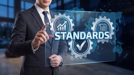 Businessman touching virtual screen with standards icons in modern office with blue lighting for corporate technology