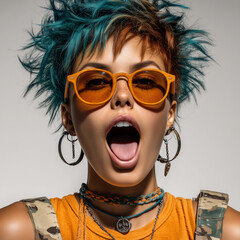 Punk style woman portrait with teal hair and yellow sunglasses studio