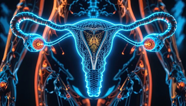 Neon-lit human female reproductive system with glowing blue uterus and fallopian tubes