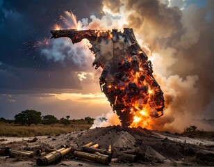State outline engulfed in flames and smoke against a dramatic sky with scattered debris on the ground