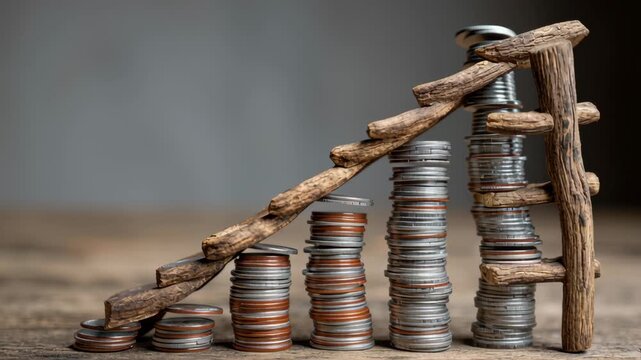 High interest rate investment concept with coin stack and wooden ladder symbolizing growth on table