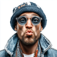 Funny man portrait wearing round glasses and beanie making duck face