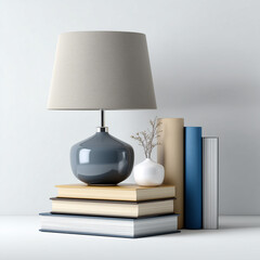 Minimal table lamp with books stack in modern interior studio setting