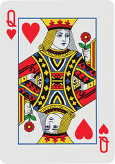Queen of Hearts Playing Card Featuring Mirrored Royal Portrait, Crown, Floral Details, Red Suit Symbols, and Decorative Robe Design