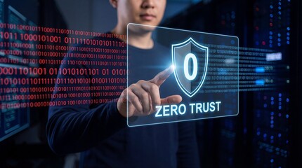 Man interacting with zero trust shield icon in futuristic digital interface with blue binary code in dark background for cybersecurity