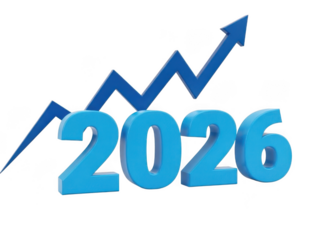 Blue 2026 text with upward arrow graph on isolated transparent background