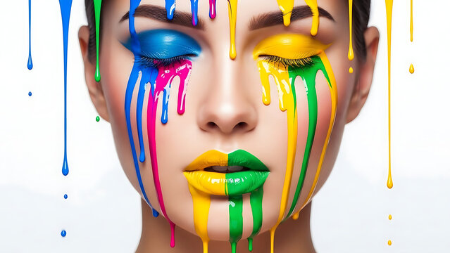 Artistic fashion portrait of a woman's face covered in dripping vibrant paint in blue pink and yellow colors for creative beauty concepts.