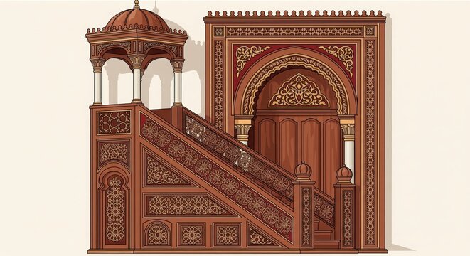 Ornate Wooden Minbar and Mihrab from a Mosque, Detailed Islamic Architecture Illustration.