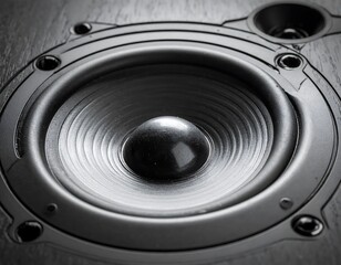 Speaker cone with a metal frame, screws, and a wooden panel, presented in a close-up view with dramatic lighting