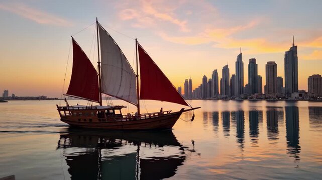 Traditional wooden dhow boat sailing on calm water at sunset with modern dubai skyline reflection
