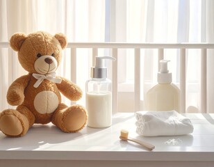 Baby Care Essentials - Teddy Bear, Lotion, and Soft Towels.