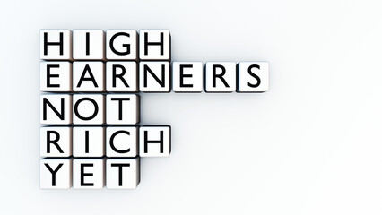 A 3d rendering of blocks with letters arranged in a crossword-style layout. The text spells out the acronym HENRY, which stands for "High Earners, Not Rich Yet."