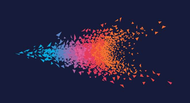 A vibrant swarm of colorful abstract particles forms a dynamic arrow shape, illustrating concepts of movement, direction, and transformation against a dark background.
