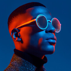 Futuristic man portrait wearing round neon glasses in dramatic lighting