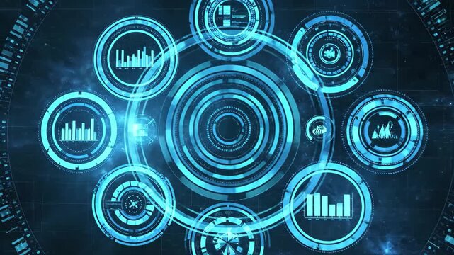Futuristic digital interface with circular hud elements and data visualizations in deep space