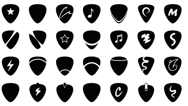 Collection of Black Guitar Picks with Various Symbols and Designs